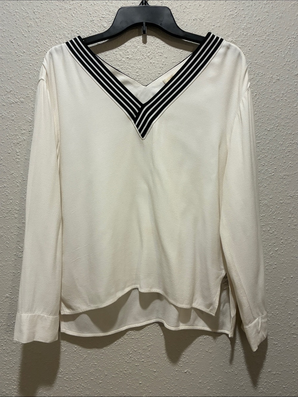 Maje Cream V-Neck Blouse with Black Striped Trim